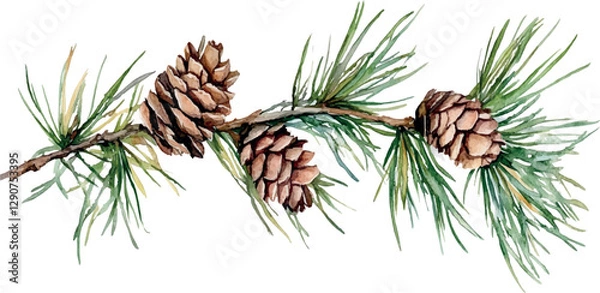 Fototapeta watercolor illustration pine cones on a branch