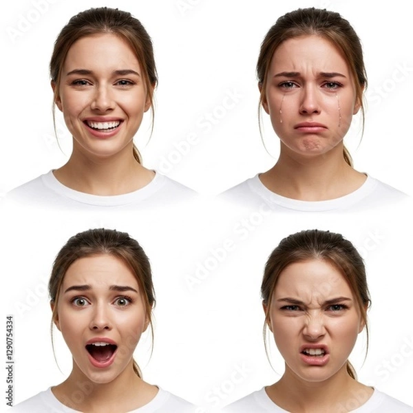 Fototapeta Emotional Expression Collection of Young Woman with Happy, Sad, Surprised, and Angry Faces in High-Resolution Photography