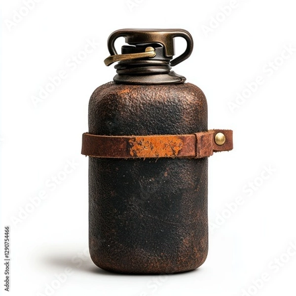 Fototapeta Detailed and sharp image of a treasure hunters water flask on a white background, ready for use in presentations, websites, and print materials, featuring a vintage leather strap