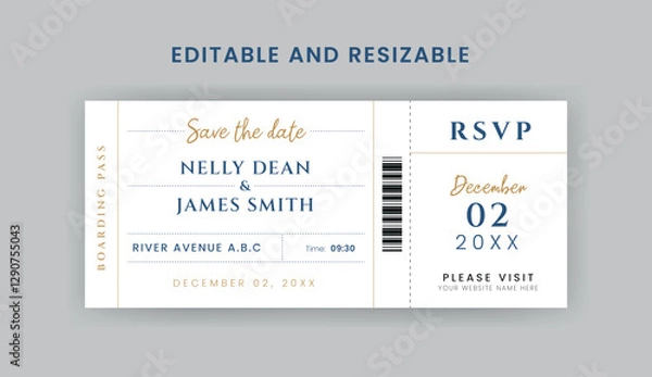 Obraz Boarding Pass Invitation For Airplane and Boat, Cruise Boarding Pass Design Template. Minimalist  Airline Ticket and Wedding Invitation.
