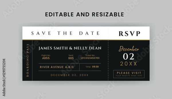Obraz Boarding Pass Invitation For Airplane and Boat, Cruise Boarding Pass Design Template. Minimalist  Airline Ticket and Wedding Invitation.