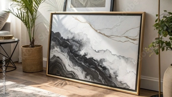 Fototapeta Abstract Monochrome Ink Wash Painting Border Frame - Elegant Black and White Art for Home Decor, Stylish Wall Art, Minimalist Design, Tranquil Aesthetics, Modern Abstract Style