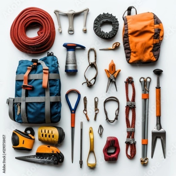Fototapeta Flat lay of essential mountain climbing tools, neatly arranged on a white surface, emphasizing simplicity and elegance with isolate white background