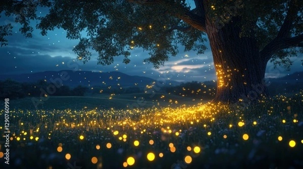 Fototapeta Firefly meadow under old tree at twilight