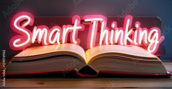 Fototapeta Neon sign smart thinking light bulb open book pages bright colorful realistic photo