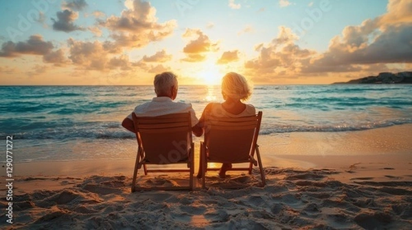 Fototapeta Senior couple enjoying a beach sunset, symbolizing early retirement planning, copy space on the right.