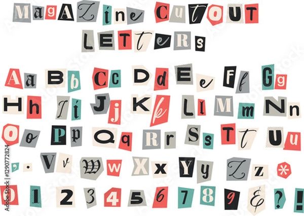 Fototapeta Magazine cutout letters. Criminal, blackmail, anonymous or detective font isolated on transparent background