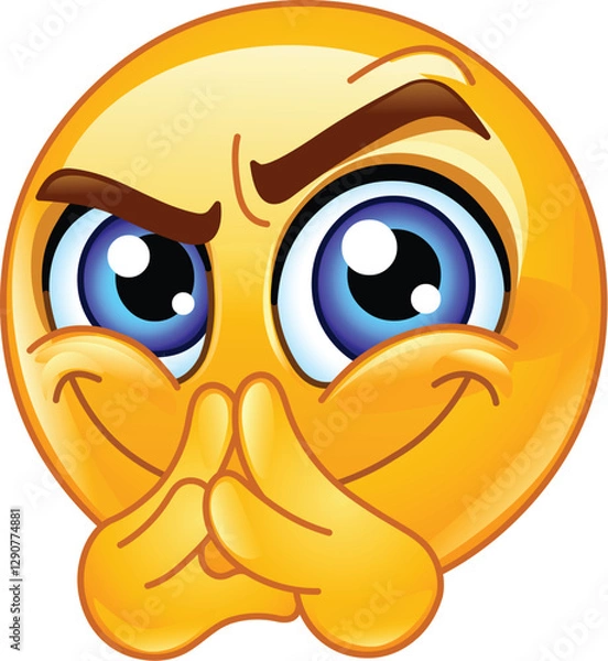 Fototapeta Emoji Emoticon with a Mischievous Grin, Plotting with Fingers Together and Raised Eyebrows, Expressing Sneaky or Devious Intent