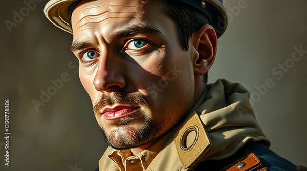 Fototapeta Intense Portrait of Man with Blue Eyes, Well-Groomed Mustache, Military-Style Cap and Uniform, Dramatic Lighting, and Focused Expression