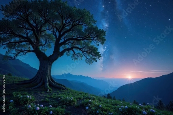 Obraz Ancient trees, phosphorescent moss, starry sky, moss, magical, magical