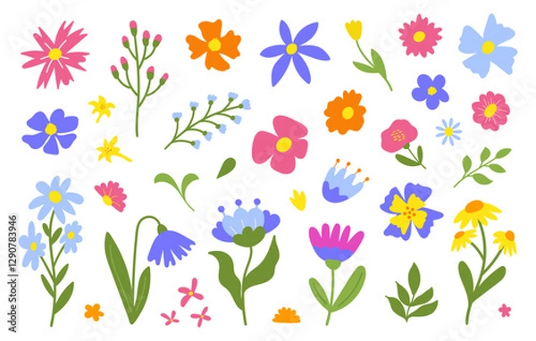 Fototapeta Floral set cute botanical elements on a white background. Spring and summer groovy flowers, leaves, branches. Vector illustration