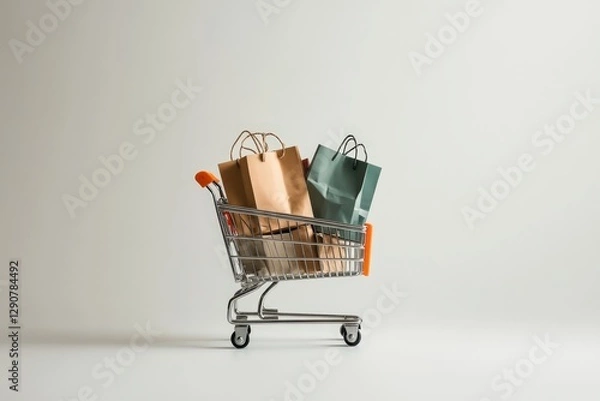Fototapeta Shopping cart full of shopping bags is standing on white background
