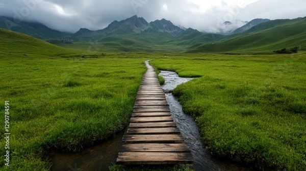 Fototapeta A tranquil wooden pathway leads through vibrant green fields towards majestic mountains, creating a serene escape into nature's beauty and peaceful surroundings.