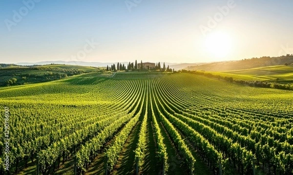 Fototapeta Scenic Vineyard Landscape with Rolling Hills and Sunset Light