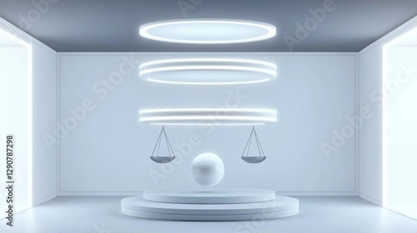 Obraz Minimalistic space features suspended scales and glowing orb, sy