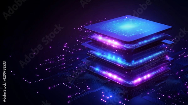 Fototapeta A hyper-detailed visualization of stacked microchips, each layer emitting an electric blue and purple glow, symbolizing the peak of artificial intelligence and advanced processing technology