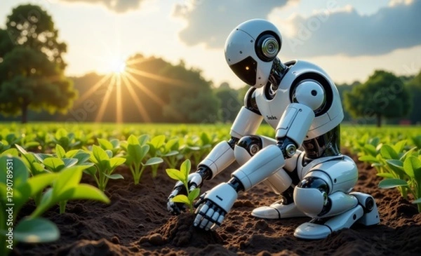 Fototapeta Technology and InnovationA robot planting seeds of innovation in a garden 