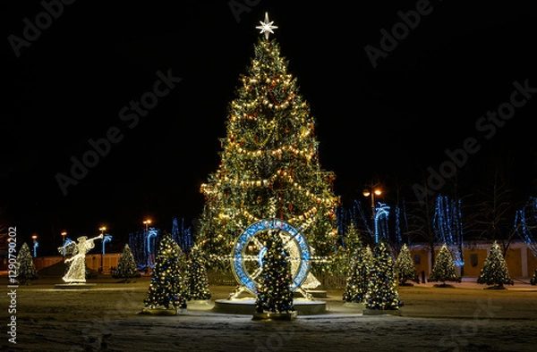 Fototapeta New Year's decoration. Christmas tree near the St. Nicholas Cathedral in Kronshtadt. Celebrating the New Year in Russia.