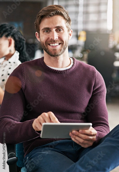 Obraz Office, portrait and business man on tablet in meeting for networking, connection and digital notes. Startup, happy and worker on tech for online project, research report and planning for company