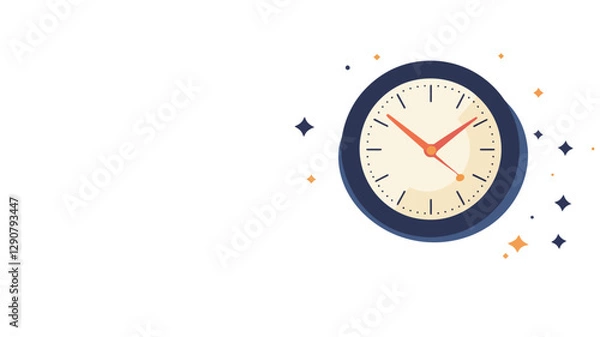 Fototapeta A digital illustration depicting a simple, round, analog clock with a navy blue frame and a beige face.  The clock hands indicate a time.  Red and orange colored sparkles or dust particles are