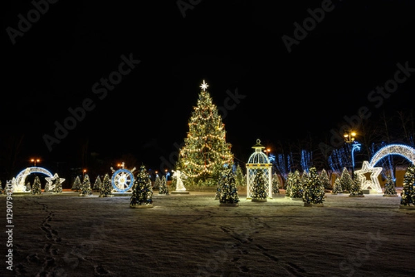 Fototapeta New Year's decoration. Christmas tree near the St. Nicholas Cathedral in Kronshtadt. Celebrating the New Year in Russia.