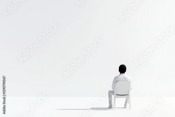 Fototapeta Minimalist scene featuring solitary figure contemplating vast em