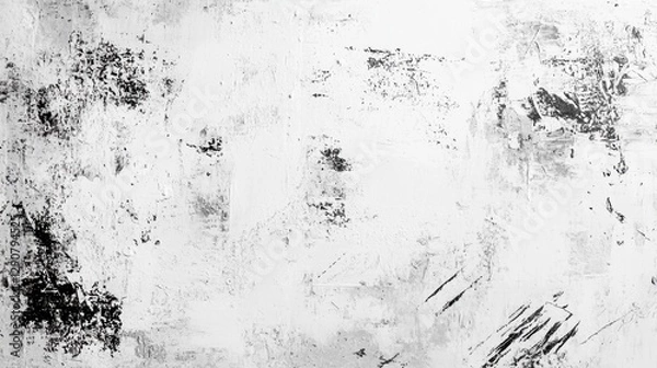 Fototapeta White textured wall with black stains, abstract art background. Grunge surface pattern for design projects, minimalistic wall decor, photography backdrop.