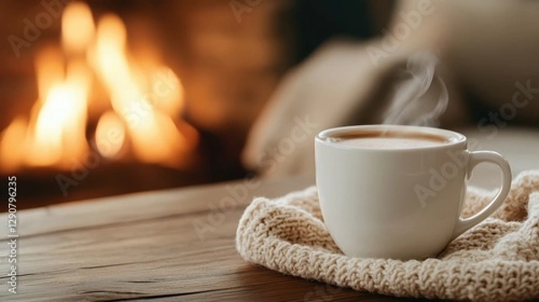 Obraz A delightful steaming cup of coffee rests on a knitted placemat, surrounded by a cozy setting with a warm fireplace flickering in the background for a comforting atmosphere.