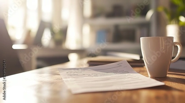Fototapeta Close-up of a desk with a termination letter and a coffee cup, symbolizing employee layoffs and workplace challenges. Concept of job loss, corporate downsizing, and career uncertainty in