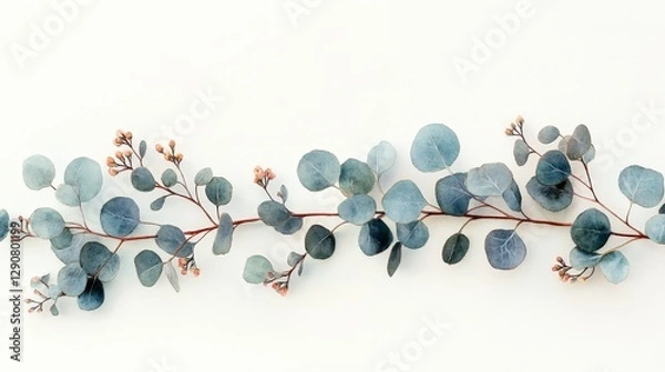 Fototapeta A delicate eucalyptus branch with round leaves and small buds against a light background.