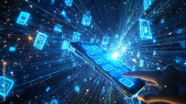 Obraz A visionary representation of the future unfolds as a futuristic smartphone levitates in space, emanating cascading streams of glowing blue holograms