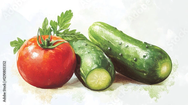 Fototapeta Vector vegetables cucumber and tomato label template icon.