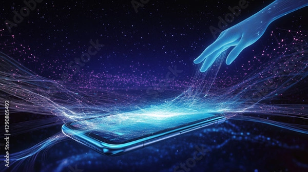 Obraz In a surreal technological vision, a futuristic smartphone drifts through deep space, emitting waves of holographic energy that spiral into infinity