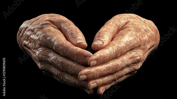 Fototapeta Senior hands with age spots and visible veins folded together in a thoughtful pose. Close-up texture and fine details highlighted.