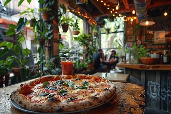 Fototapeta A woman smiles while holding a pizza box filled with colorful toppings in a lively restaurant. The warm atmosphere is complemented by friendly staff and lush greenery around