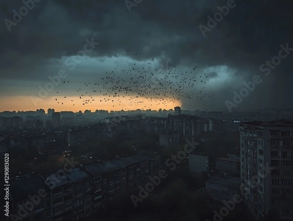 Obraz A dark cityscape features birds and overcast skies with an orange sky
