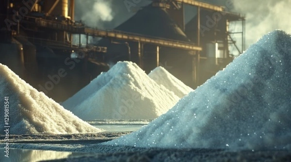 Fototapeta A sugar refinery factory with huge piles of processed sugar crystals