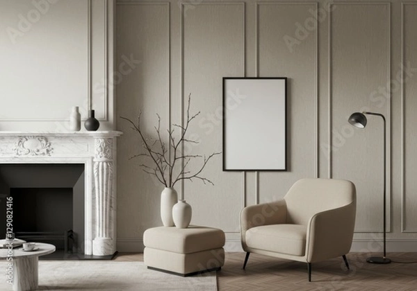 Fototapeta Minimalist cozy living room with textured walls, sideboard, and bean bag