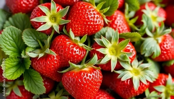 Obraz Fresh strawberry display with bright red color and fresh green leaves. Perfect for food backgrounds and food photography.