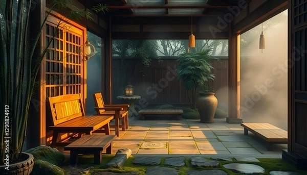 Obraz A Zen-style living room with a misty garden, wooden furniture, and stone floors, creating a calm and natural atmosphere. Suitable for designs focused on meditation and relaxation.