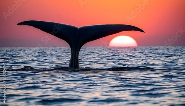Obraz A graceful whale tail on the sea surface at sunset, creating a stunning view