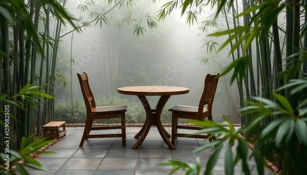 Obraz Wooden table and chairs on a terrace with a misty bamboo forest backdrop. Ideal for calm and minimalist interior design concepts.