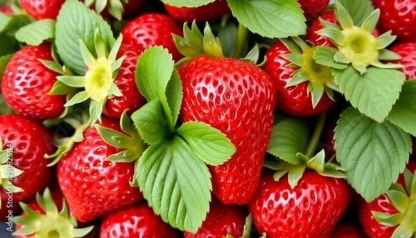 Obraz Detailed strawberry display with bright red color and fresh green leaves. Ideal for food backgrounds and fruit concepts.