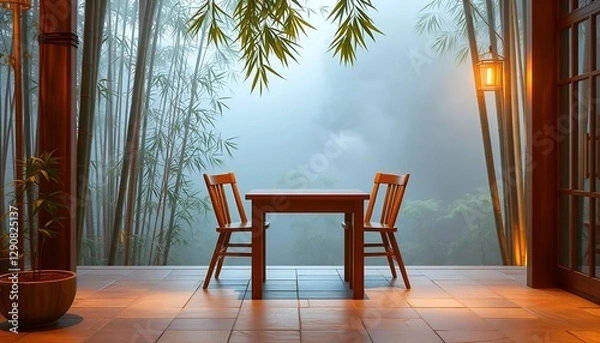 Obraz An open dining room with a calming bamboo forest view, soft lighting, and wooden furniture. Suitable for cozy and peaceful interior designs.