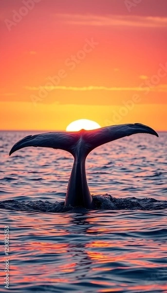 Obraz A beautiful whale tail cutting the horizon as the sun sets over a calm sea. Suitable for designs focused on nature and ocean beauty.