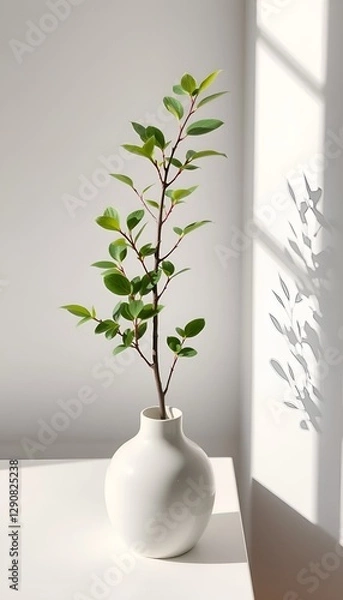 Obraz A twig with green leaves in a white vase on a white table, creating a peaceful and minimalist atmosphere. Suitable for designs focused on simplicity.