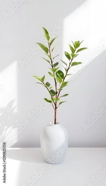 Obraz twig with green leaves in a white vase on a white table with light shadows. Perfect for minimalist concepts and natural home decor.