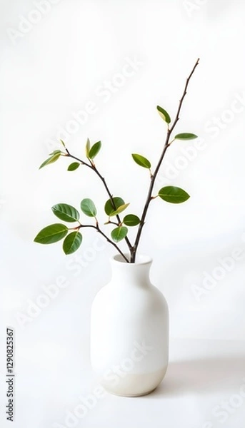 Obraz Minimalist display of a twig with green leaves in a white vase on a white table. Ideal for modern and natural home decor concepts.