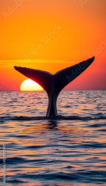 Obraz A dramatic whale tail emerging on the sea surface at sunset. Perfect for nature, wildlife, and ocean concepts.