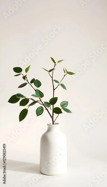 Obraz Minimalist display of a twig with green leaves in a white vase on a white table. Ideal for modern and natural home decor concepts.